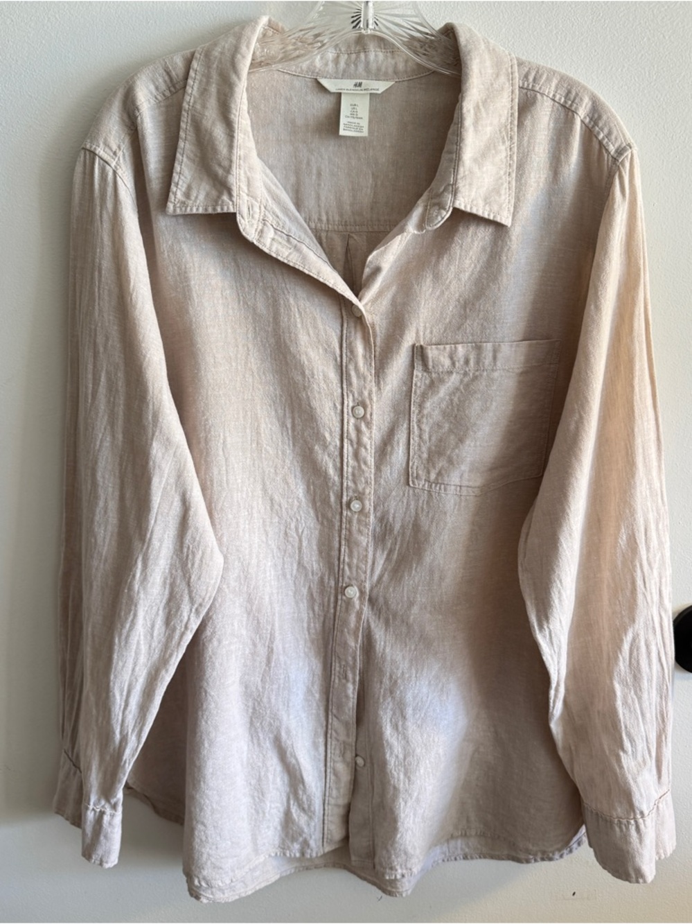 H&M Linen-Cotton Blend Button Down Shirt in Light Beige Size L Coastal Fall